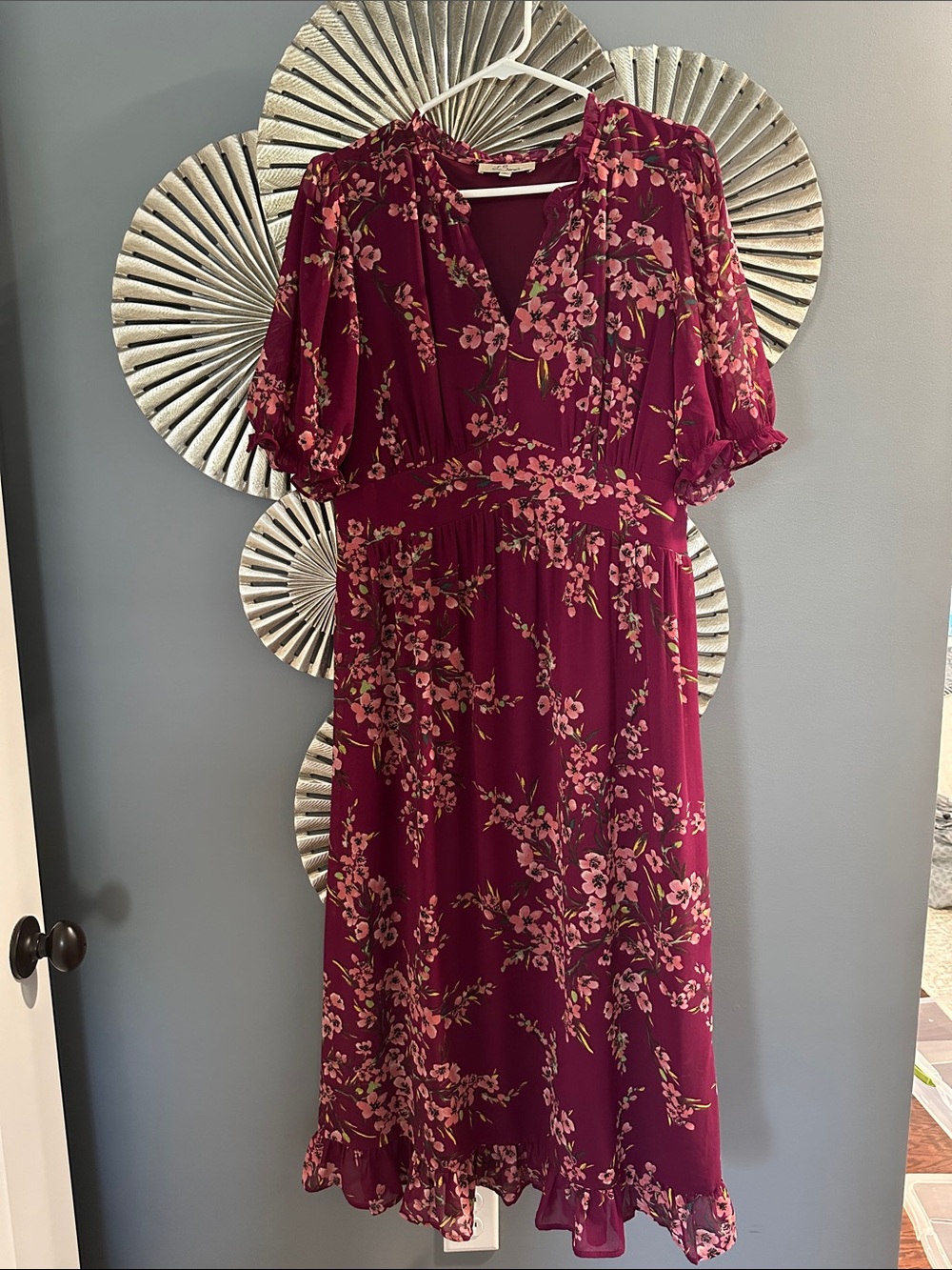 Floral Burgundy Midi Dress with V-Neck and Flutter Sleeves